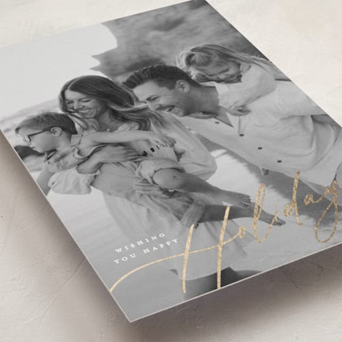 This is a snow foil pressed holiday cards with foil pressed by Carolyn Nicks called elegant holiday printing on recycled smooth signature in standard