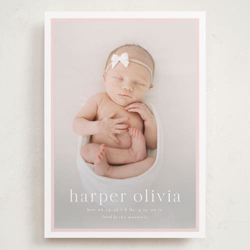 This is a rose grand birth announcements with standard by Alexandra Cohn called portraiture printing on smooth signature in grand