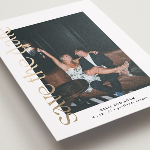 This is a pearl foil stamped save the date cards with foil pressed by Roxy Cervantes called cover page printing on recycled smooth signature in standard