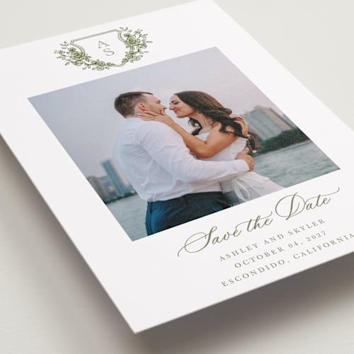 This is a moss save the date with standard by Cass Loh called watercolor flowers crest printing on recycled smooth signature in standard