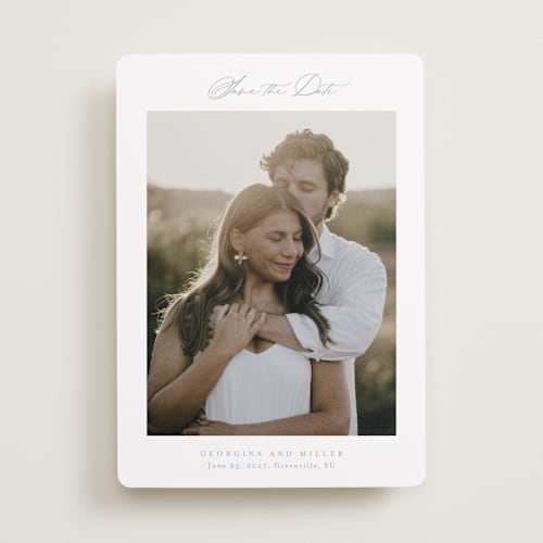 This is a dusty blue save the date with standard by Stacey Meacham called modern air printing on recycled smooth signature in standard