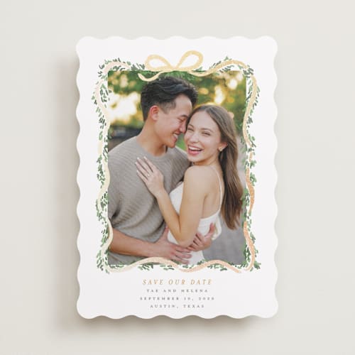 This is a butter foil stamped save the date cards with foil pressed by Itsy Belle Studio called ribbonly frame printing on recycled smooth signature in standard
